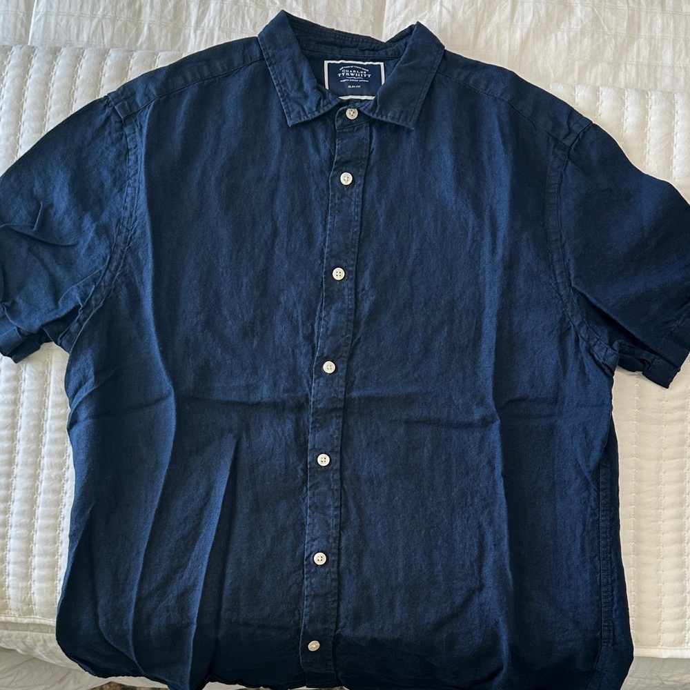 Charles Tyrwhitt Navy Linen Casual Button Down Shirt